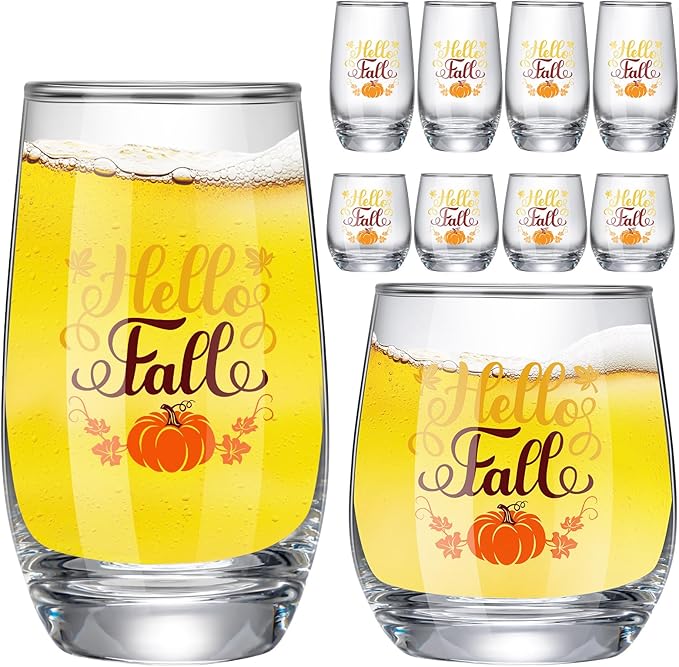 8 Pcs Autumn Wine Glasses Drinkware 4 Glass Cups 16 oz & 4 Short Stemless Wine Glasses 11oz Wine Glass Autumn Party Gift for Autumn Party Women Home Decor Gifts