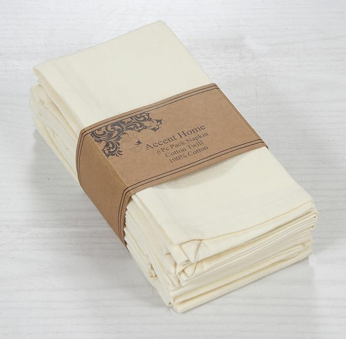 Accent Home 100% Cotton Napkins, Delicate Cloth Napkins for Dinners, Parties and Weddings，18 x 18 Inch Set of 6 - Ivory