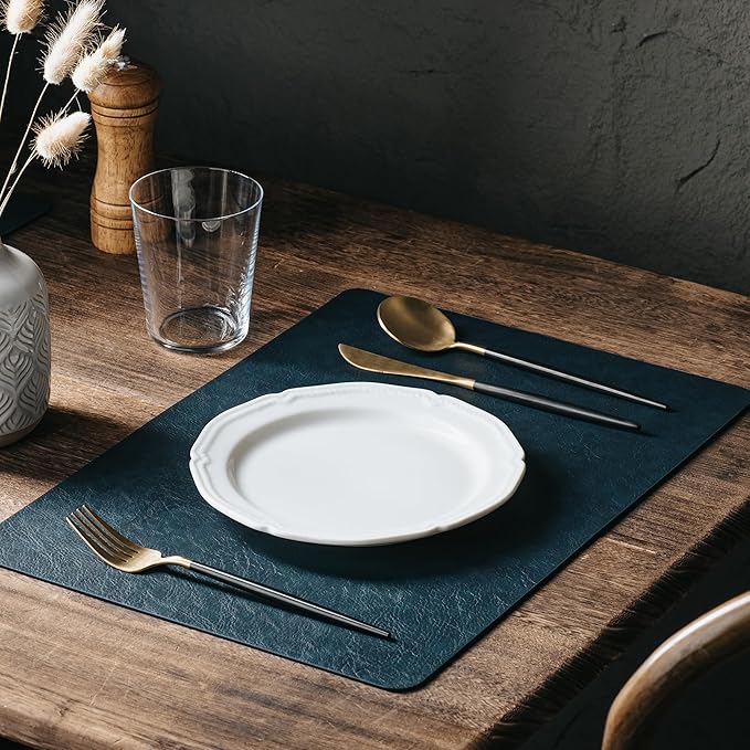 DOLOPL Placemats Set of 6 Reversible Dual-Color Table Placemats – Heat Resistant Wipeable & Washable Place Mats, Luxury Faux Leather Table Mats for Vintage Dining Table Decor (Camel & Navy Blue)