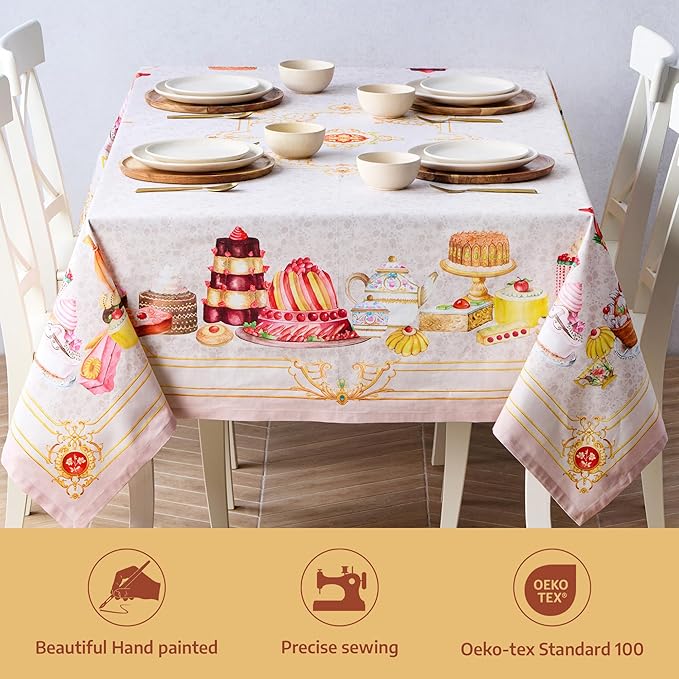 Maison d' Hermine Premium Table Cloth Rectangle Table 100% Combed Cotton 120 x 70 Inches Tablecloth Reusable Decorative for Dining Room, Farmhouse, Home, Party, Festive & Wedding - Pastries
