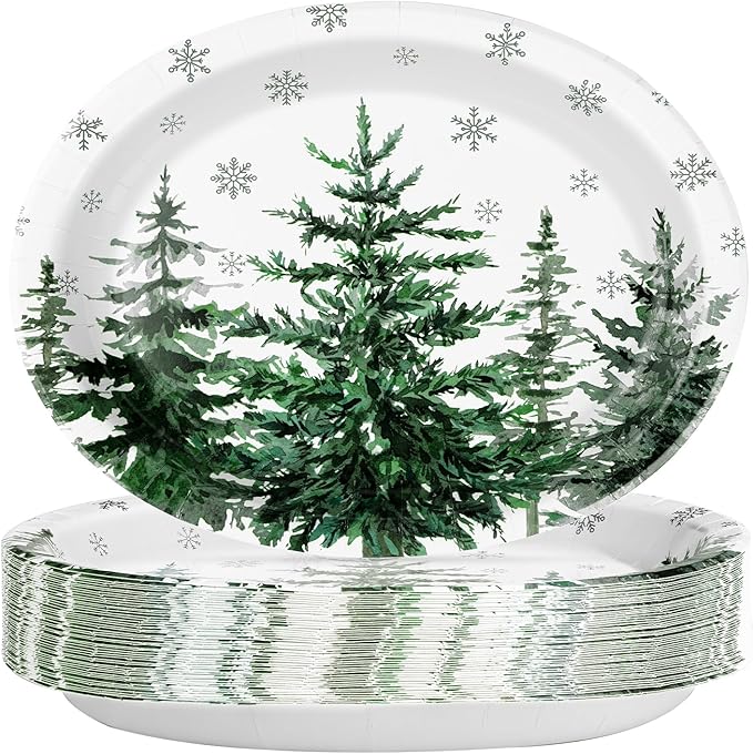 50Pcs Christmas Tree Oval Paper Plates 10" x 12" Large Heavy Duty Xmas Snowflake Disposable Plates Holiday Dessert Platters for Winter Wedding Birthday Dinner Party Decoration Kitchen Table Decor