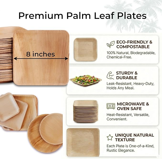 Indie Palm Disposable Palm Leaf Plates – 100 Pack 8 Inch Square – Heavy Duty, 100% Compostable & Biodegradable – Eco-Friendly Alternative to Plastic & Bamboo – Perfect for Parties & Events