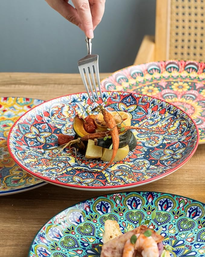 Dinner Plate Set of 6, 10.5-inch Large Plate for Dessert, Pasta, Salad, Ceramic Bohemian Dishes for Kitchen Microwave Dishwasher Safe