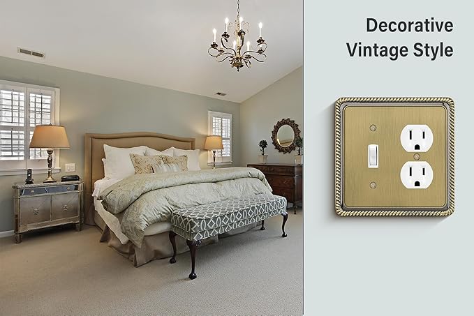 Henne Bery Rope Edge Decorative Wall Plate Switch Plate Outlet Cover (Toggle/Duplex, Antique Brass)