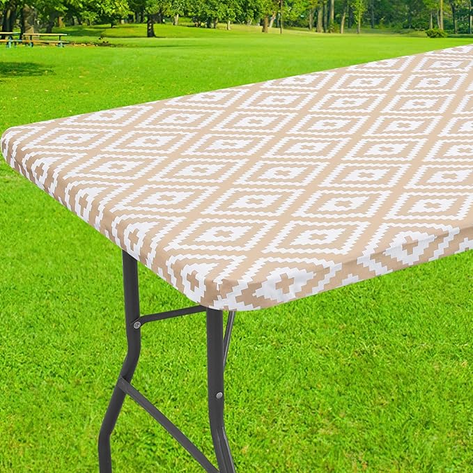 Smiry Rectangle Table Cloth Cover, Waterproof Elastic Fitted Picnic Tablecloth for 5 Foot Tables, Wipeable Flannel Backed Vinyl Tablecloths for Camping, Dining, Outdoor (Khaki, 30" x 60")