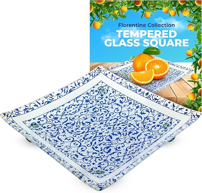 GAC Florentine Tempered Glass Square Serving Tray with Ball Legs – Chip Resistant, Oven & Microwave Friendly - Ideal Present – Clear Glass Square Plate for Appetizers & Desserts – Blue, 10-Inch