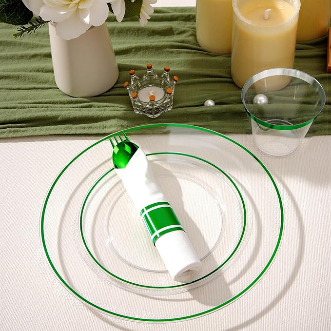 SUT 350 Pcs Green and Clear Plastic Dinnerware Set for 50 Guests, Include: 50 Dinner Plates, 50 Dessert Plates, 50 Pre Rolled Napkins With Silverware, 50 Cups, Disposable Plates for Party