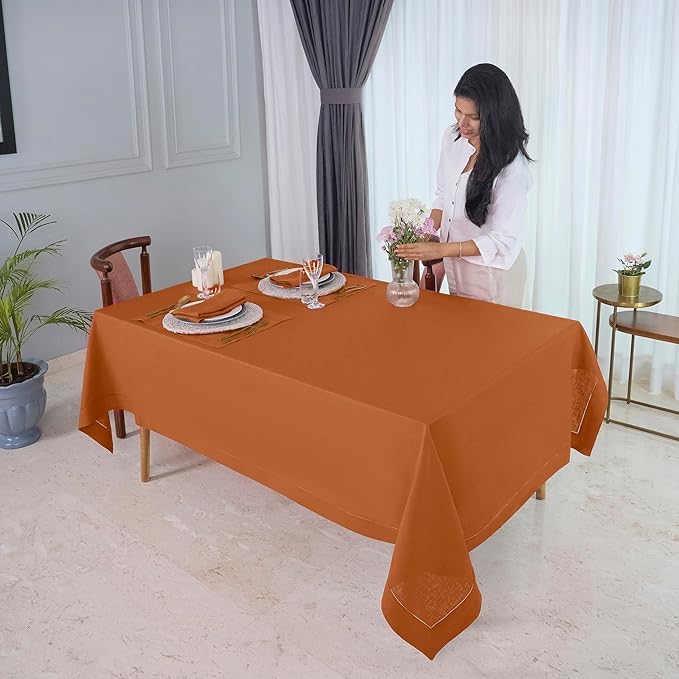 D'Moksha Homes Rust Linen Tablecloth 60 x 156 Inch - 100% Pure Linen Rust Tablecloth for Rectangle Tables - Classic Hemstitch, Machine Washable Table Cloth for Spring, Easter