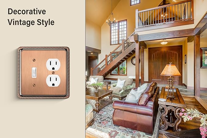 Henne Bery Rope Edge Decorative Wall Plate Switch Plate Outlet Cover (Toggle/Duplex, Antique Copper)