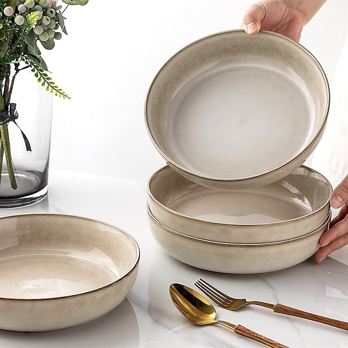 GBHOME 8.75'' Large Ceramic Pasta Bowls, 38oz Stoneware Pasta Serving Bowls Set of 4 for Kitchen, Wide Bowls for Fruit,Pasta,Salad,Oatmeal,Meal, Microwave Safe, Reactive Glaze-Cappuccino