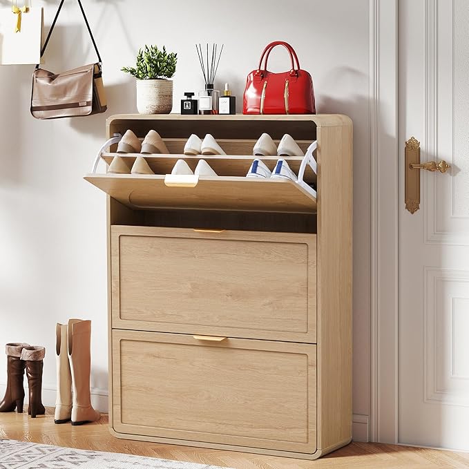 Narrow Hidden Shoe Organizer Cabinet Storage for Entryway, Modern Slim and Skinny Shoe Rack Cabinet with Flip Drawers for Entrance, Hallway - Natural