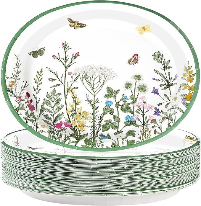 50Pcs Wildflower Oval Paper Plates 10" x 12" Large Disposable Heavy Duty Vintage Green Wildflower Platters Spring Butterfly Flowers Dessert Plates for Seasonal Lunch Dinner Tea Picnic Party Supplies