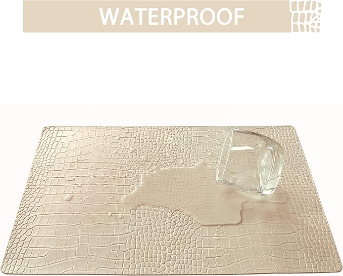 Jovono Faux Leather Placemats Set of 4, Waterproof Heat Resistant Dinner Place Mats for Dining Table, Non-Slip Crocodile Embossed, Beige (17.8x11.8 Inch)