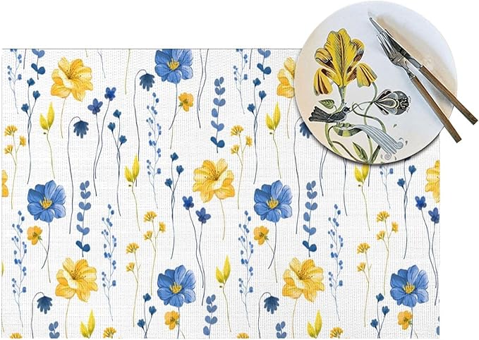 Navy Blue Yellow Flower Placemats Set of 4 12"x18", Watercolor Floral Decorative Table Mats for Kitchen Dining Table Spring Summer Place Mats Heat Resistant Washable