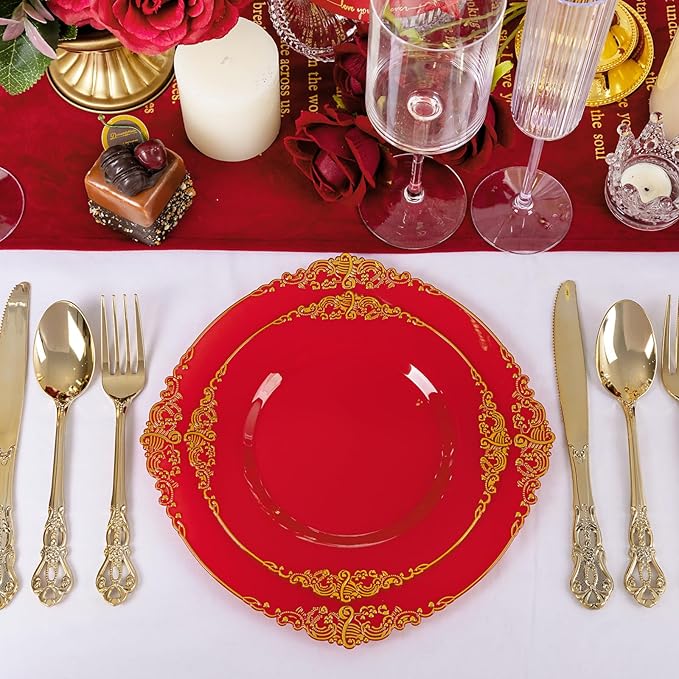 102PCS Red and Gold Plastic Plates - Red Plates Disposable - Vintage Plastic Plate with Gold Rim Include 51PCS Dessert & 51PCS Dinner Plate Perfect for Weddings & Party & Valentine's Day