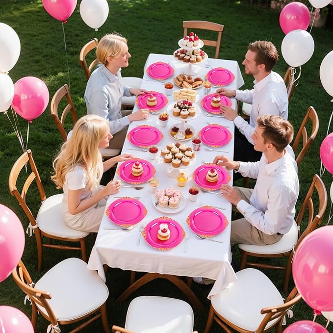 102PCS Clear Hot Pink Plastic Plates - Pink Disposable Plate with Gold Rim - Hot Pink Party Plates Include 51PCS 7.5inch Dessert & 10.25inch Dinner Plate for Wedding Birthday Valentine's Day