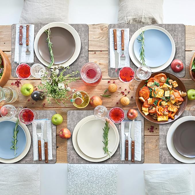 Placemats Set of 4 Washable, Heat Resistant Table Placemats Wipeable Faux Leather Place Mats Non Slip, Waterproof Square Table Mats for Indoor Outdoor, Light Grey