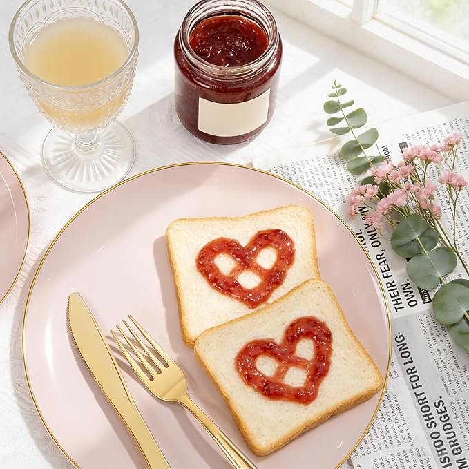 WDF 300Pcs Pink Plates Disposable - Pink and Gold Plastic Dinnerware Set for 50 Guests Include 50 Dinner & Cake Plates, 50 Disposable Cutlery, 50 9oz Cups for Wedding, Party, Valentine's Day