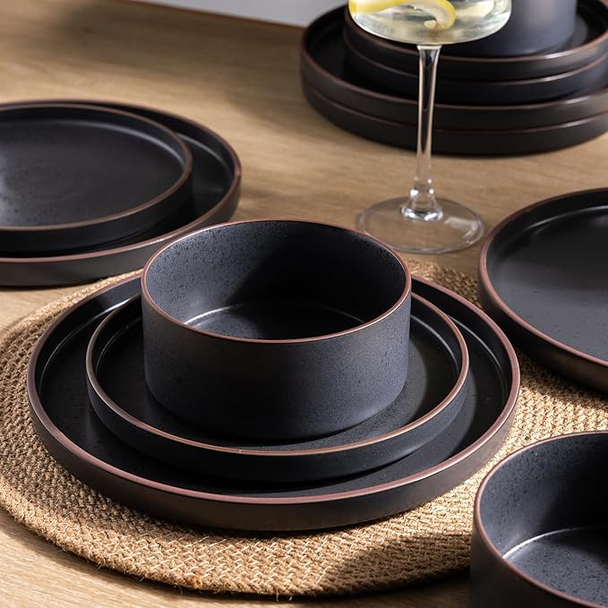 LERATIO Ceramic Dinnerware Sets of 4, High Edge Stoneware Plates and Bowls Set, Chip and Crack Resistant | Oven & Dishwasher & Microwave Safe Dishes Set, Service for 4 -Ashen