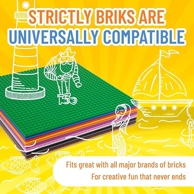 Strictly Briks Stackable Baseplates - 12 Pack 10"x10", 32x32 Studs, Compatible with Lego for Building City Scenes, Foundation, Displays Bricks on Play Table, Kids Easter Gift, Classic
