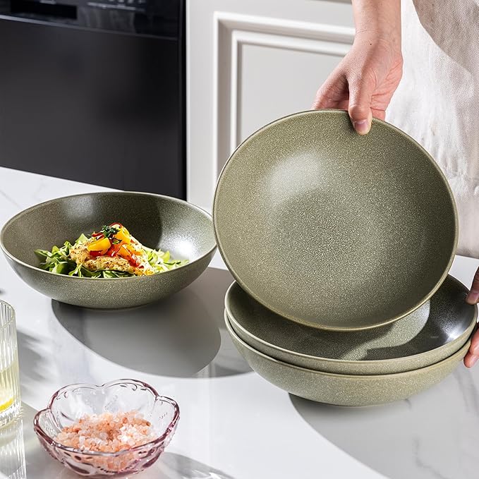AmorArc 8.75‘’ Large Pasta Bowls, 42 ounce Deep Stoneware Bowls Set of 4 for Kitchen, Wide Bowl for Pasta/Salad/Fruit/Oatmeal/Soup, Microwave&Dishwasher Safe-Matte Olive Green