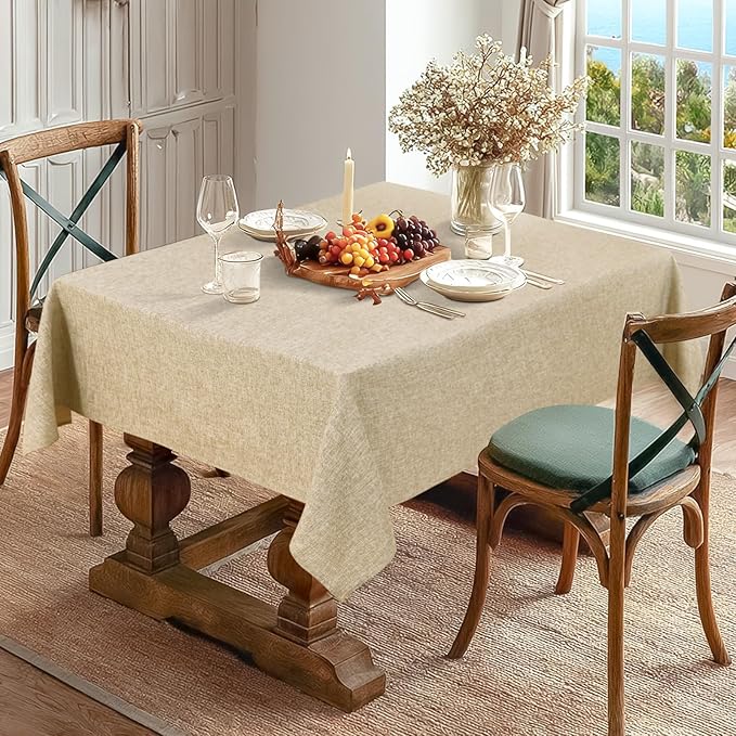 JIUZHEN Rectangle Table Cloth Faux Linen Farmhouse Tablecloth Wrinkle and Stain Resistant Decorative Fabric Table Cover for Kitchen, Dining Room, Parties and Camping, Beige, 52 x 70 Inch