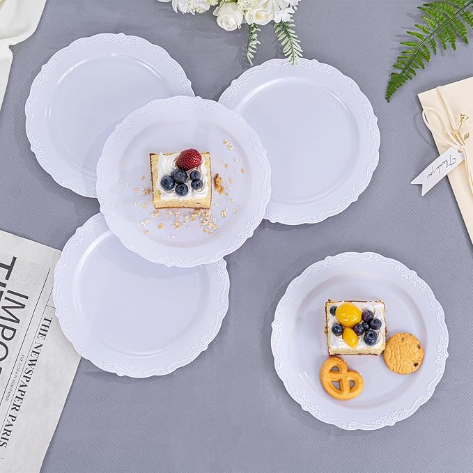 DaYammi 36PCS White Plastic Plates, Heavy Duty White Disposable Premium 7.5inch Dessert Cake Salad Appetizer Plates Hard Plastic Platos Disposable for Party Wedding