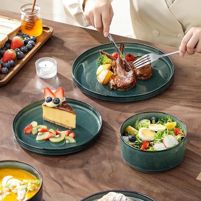 vancasso Plates and Bowls Sets for 6, 18 Pieces Green Dinnerware Sets for Kitchen, Modern Stoneware Dishes Set, Dishwasher and Microwave Safe, Series Starry