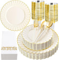 Ciaell 175 PCS Ivory Scalloped Plastic Plates - Gold Disposable Plates Fancy High-end Dinnerware Sets for Wedding & Party (25 Guests)