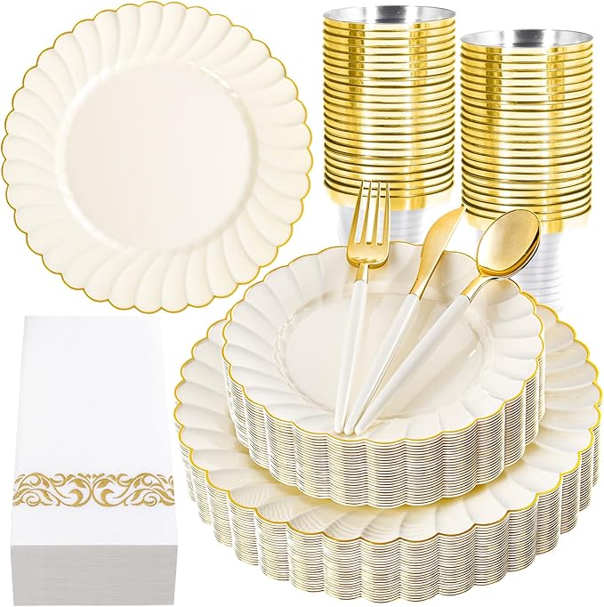 Ciaell 175 PCS Ivory Scalloped Plastic Plates - Gold Disposable Plates Fancy High-end Dinnerware Sets for Wedding & Party (25 Guests)
