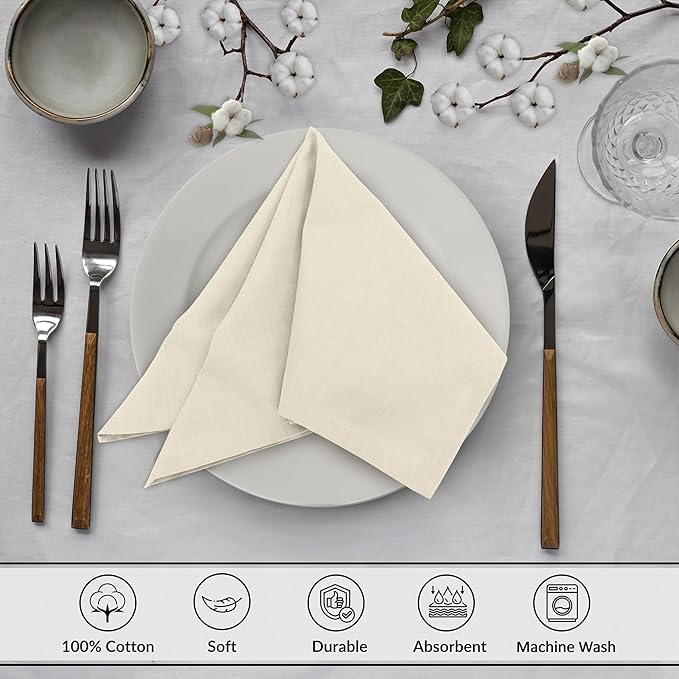 Ruvanti Cloth Napkins Set of 12, 18x18 Inches, 100% Cotton, Washable, Soft & Absorbent, Perfect for Wedding, Christmas, ‎Thanksgiving Dinners - Antique White