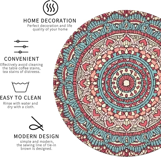 Mandala Pattern Coasters Leather Round Drink Coasters 6 Pcs Set with Holderor for Cup Drink Coffee Table Bar Home Decor