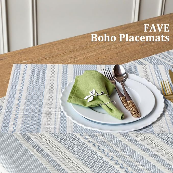 FAVE Blue Boho Vinyl Placemats Set of 4, Durable Woven Place Mats Washable Heat Resistant PVC Table Mats for Parties,Weddings, Dining,Banquet(Blue, 4PCS)