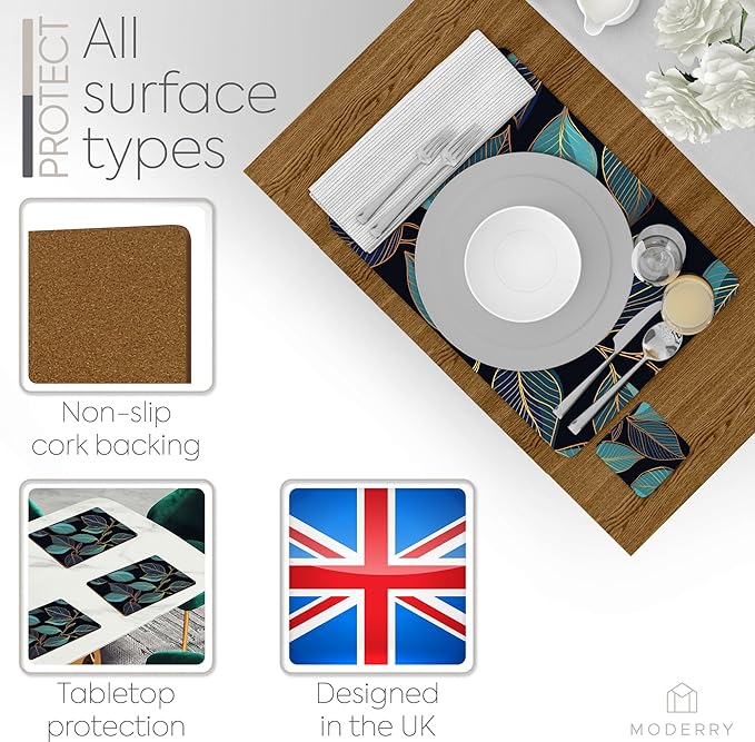 Set of 4 Heat Resistant Cork Placemats for Dining Table with Free Set of 4 Matching Drink Coasters Sage Green Marble Design 16 x 12 Inches Cork Backed Hard Placemats (Blue Gold Botanical)