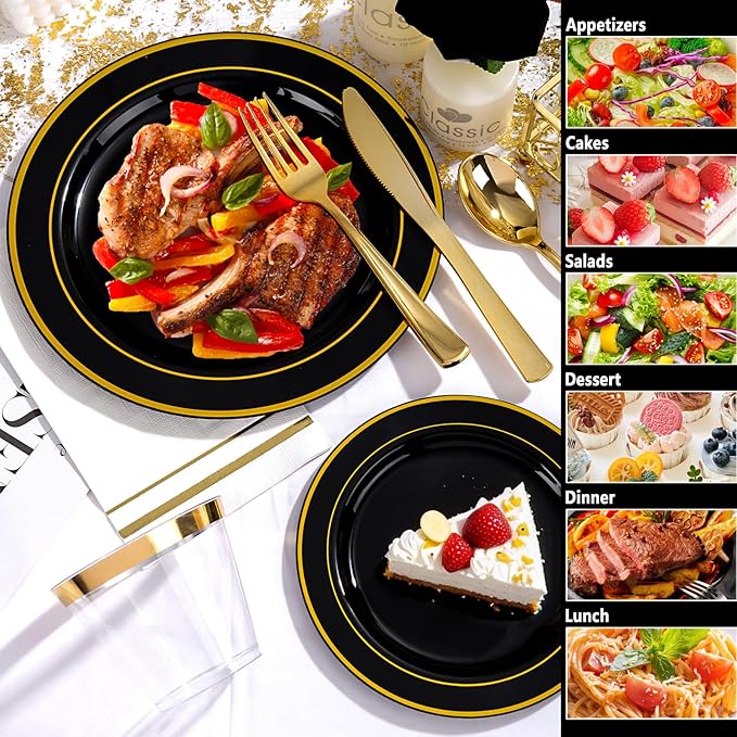 GATHER 700PCS Black Plastic Plates - Gold Disposable Plastic Dinnerware Set Include 200 6.3inch/9inch Black Plates, 300 Silverware, 100 Napkins, 100 Cups for Party & Wedding & Birthday