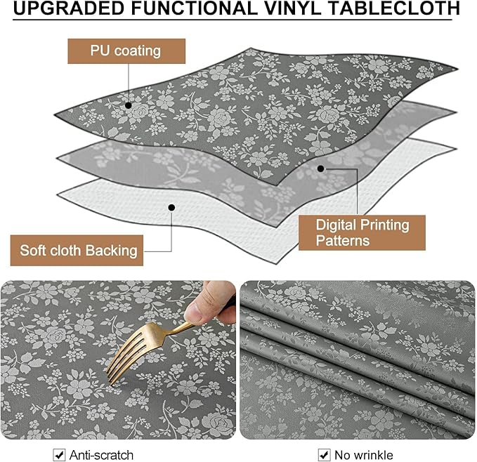 Smiry Rectangle Table Cloth, Waterproof Heavy Duty Vinyl Tablecloths, Wipeable Washable Table Cover for Kitchen and Dining Room (Grey, 70" X 108")
