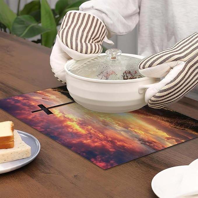 Cross Placemats Set of 6,Sunset Table Mates Non-Slip Heat Resistant Washable Linen Place Mats for Party Kitchen Dining Decoration Indoor Outdoor 12"x18"