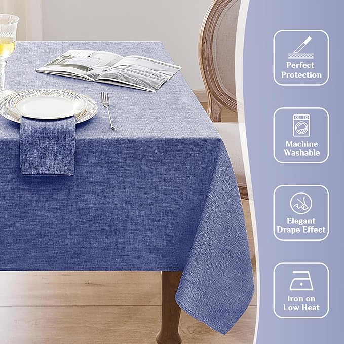 Softalker Extra Long Blue Tablecloths 60x144 inch Rectangular Faux Linen Table cloths Outdoor Waterproof Stain and Wrinkle Resistant Table Cover for 6/8/10 foot Rectangle Dining Table for Easter Party