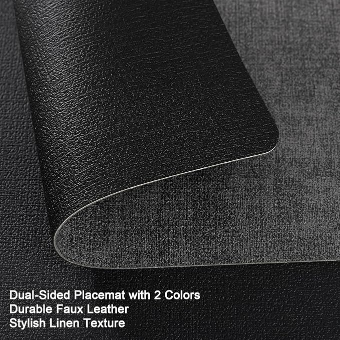 Myir JUN Dual Sided Faux Leather Place Mats Set of 4, Indoor & Outdoor Placemats - Non-Slip, Washable, Square (Gray Black)