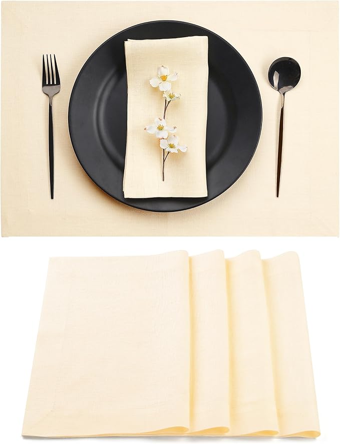 D'Moksha Homes Linen Vanilla Cream Placemats Set of 4-100% Pure Linen Placemats 14 x 19 Inch for Spring, Easter - Handcrafted and Machine Washable