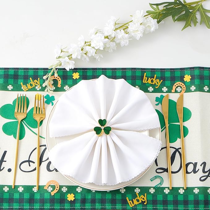 APTWOW Green St Patricks Day Shamrock Napkin Rings Set of 6 - Gold Metal Shamrock Napkin Holder, Spring Napkin Rings for St. Patrick's Day Party Wedding Table Decor