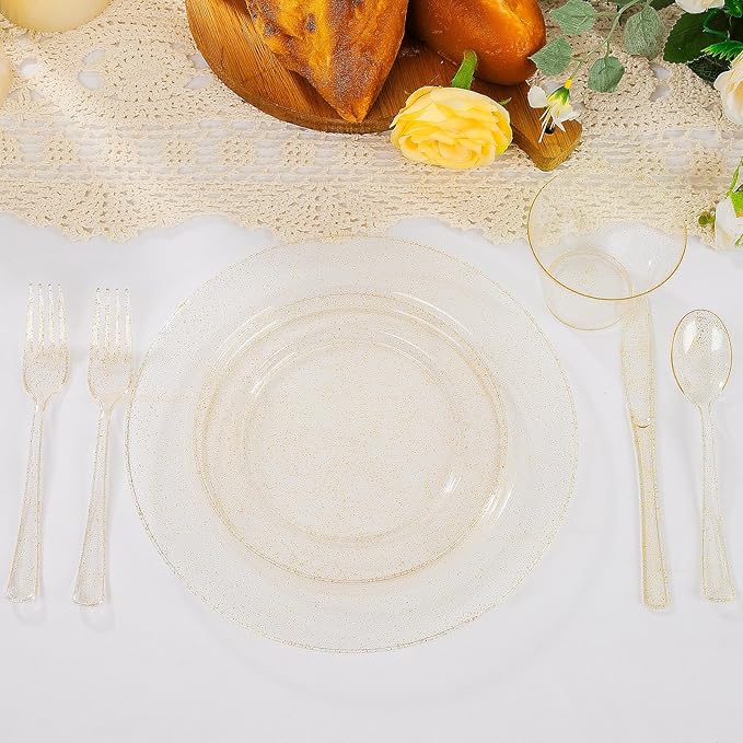WELLIFE 300 PCS Gold Glitter Dinnerware Set for 50 Guests, Disposable Plastic Plates for Party, 50 Dinner Plates, 50 Salad Plates, 50 Cups Forks Knives Spoons for Wedding and Party Supplies