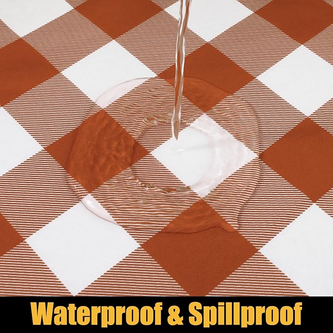Smiry Rectangle Picnic Table Cloth, Elastic Waterproof Fitted Vinyl Tablecloths, Flannel Backed Buffalo Plaid Table Covers for Dining, Camping, Outdoor, Thanksgiving (White and Rust, 30" x 96")