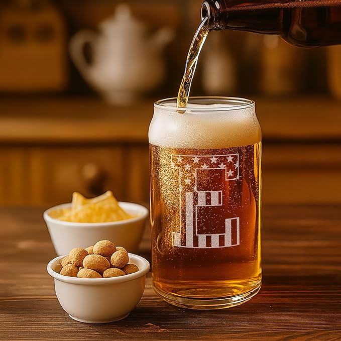 Monogram Beer Glasses for Men (A-Z) 16 oz - Beer Gifts for Men Brother Son Dad Neighbor - Unique Gifts for Him - Personalized Drinking Gift Beer Glass Mugs - Engraved Beer Can Glass (E)