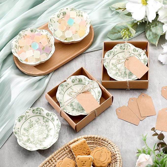 24 Pcs Wedding Favors for Guests Small Ceramic Bowl Bulk Gifts Set 3.3 Inch Floral Design Mini Dipping Sauce Dish with Card Box for Bridal Pooja Baby Shower Birthday Guest Gift (Sage Green)