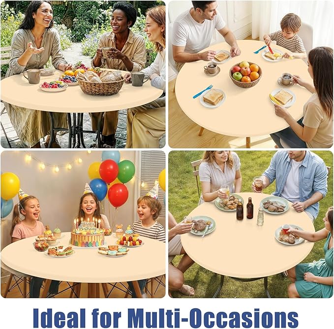Round Spandex Tablecloth, Elastic Fitted Waterproof Tablecloths for 25"-30" Tables, Stretch Washable Picnic Table Cover for Camping, Dining, Indoor and Outdoor,Ivory