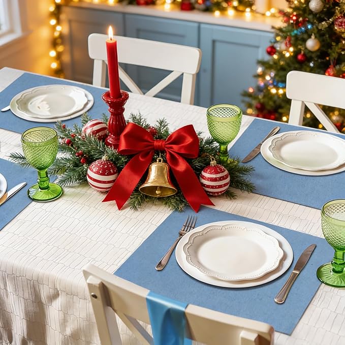 MANSPHIL Light Blue Placemats Set of 6 Double Layer Thick Fabric Table Mats Faux Linen Place Mats Heat Resistant Washable Wrinkle Free Dining Kitchen Table Decor, 13x19 Inch Oeko Tex Placemat
