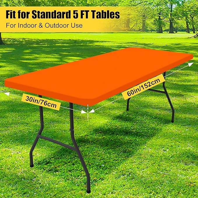 Smiry Rectangle Picnic Table Cloth, Waterproof Elastic Fitted Tablecloths for 5 Foot Tables, Washable Polyester Table Cover for Camping, Indoor and Outdoor (Orange, 30"x60")