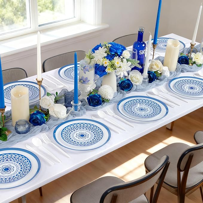 EI 60pcs Blue Plastic Plates Disposable Blue and White Floral Baroque Plastic Plates Fancy Decorative Plate Disposable Heavy Duty with Retro Classic Art Suitable for for Party,Birthday,Wedding