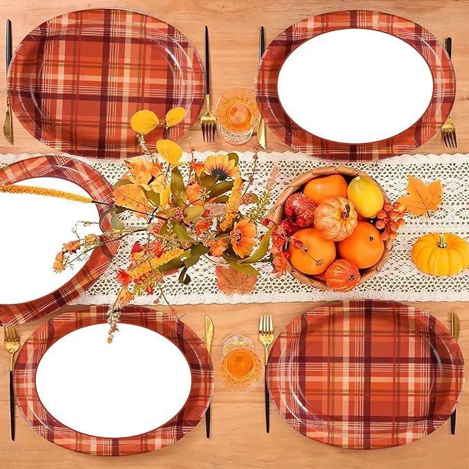 50Pcs Fall Gingham Oval Paper Plates 10" x 12" Large Heavy Duty Disposable Autumn Burnt Orange Buffalo Plaid Dessert Plates Thanksgiving Harvest Platters for Wedding Picnic Birthday Party Supplies